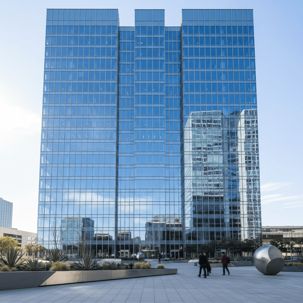 Energy-efficient commercial building with tinted windows reducing solar heat