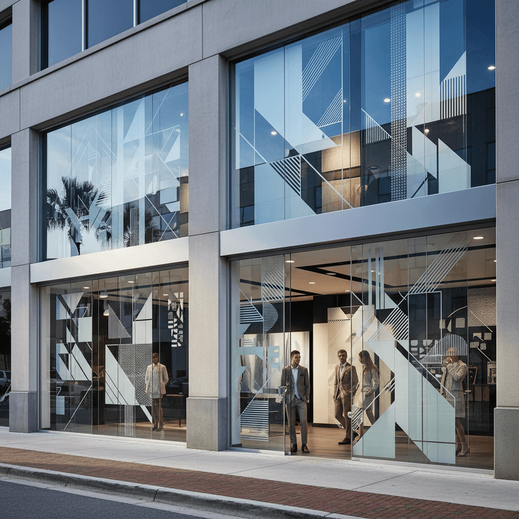 Custom specialty window film installations across commercial glass features