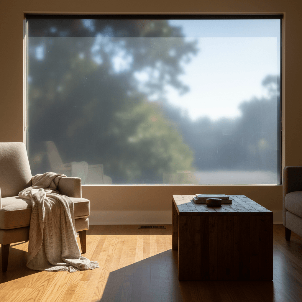 Interior view through privacy window film maintaining light while obscuring outside view