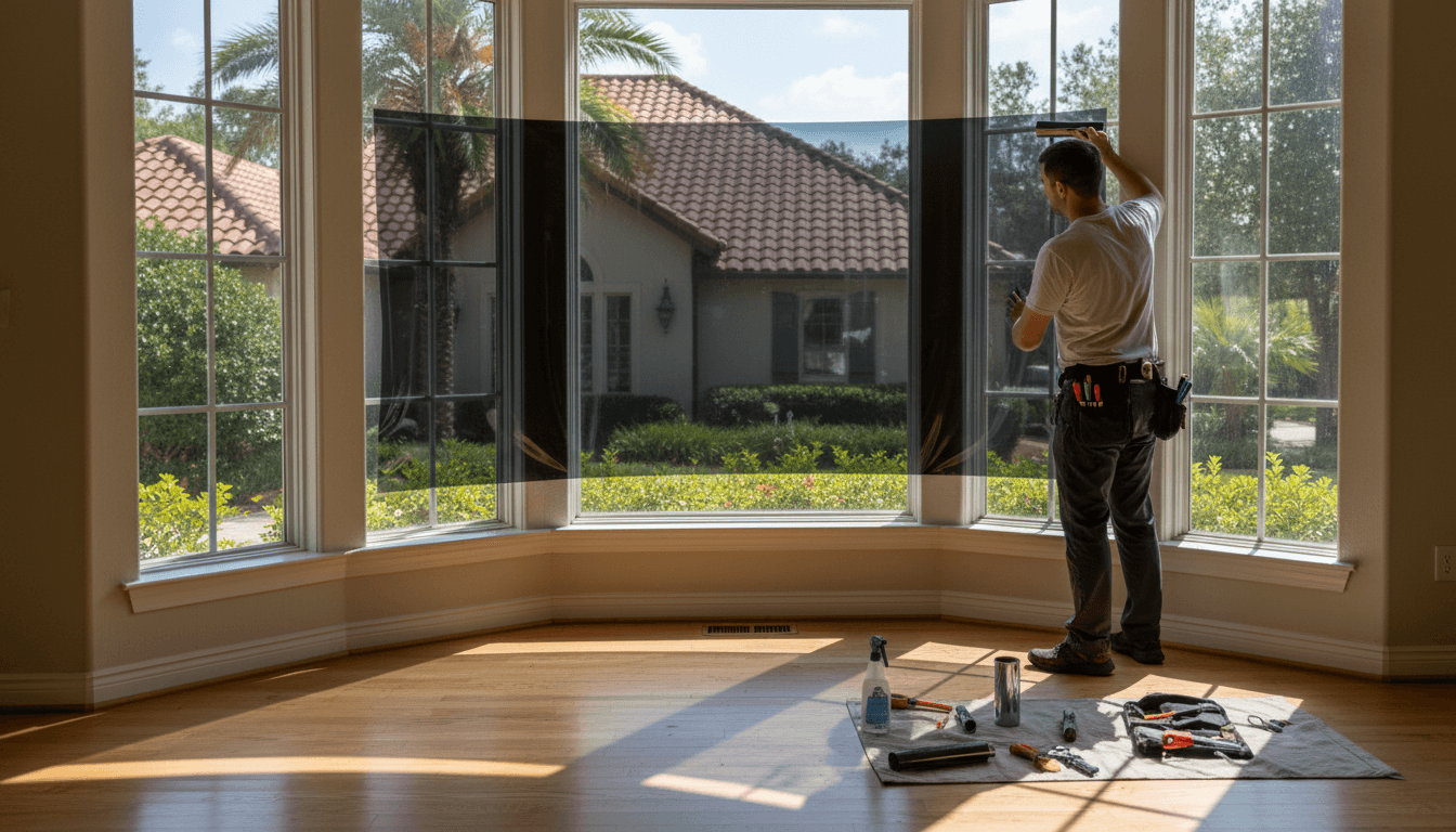 Professional window film installation on a residential home in Spanish Fort