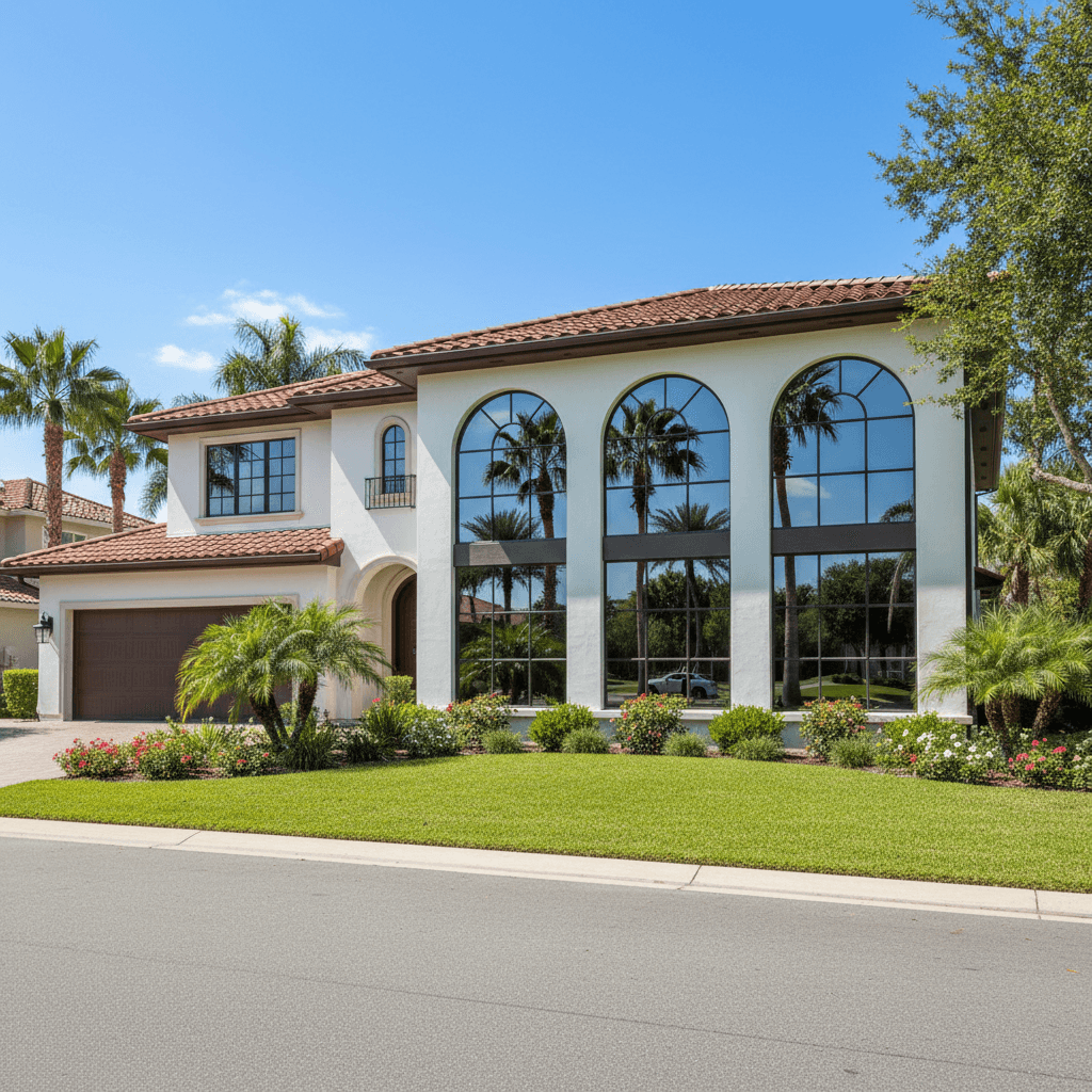 Residential home exterior with tinted windows showing enhanced curb appeal