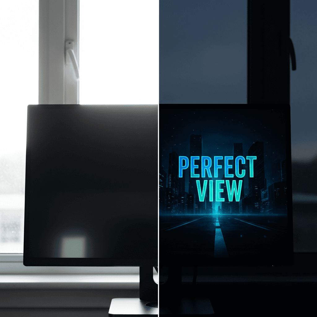 Monitor screen glare comparison with and without window tinting