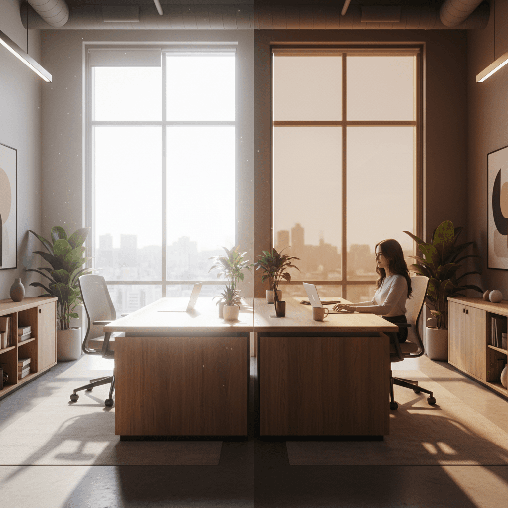 Office interior demonstrating glare reduction and UV protection benefits