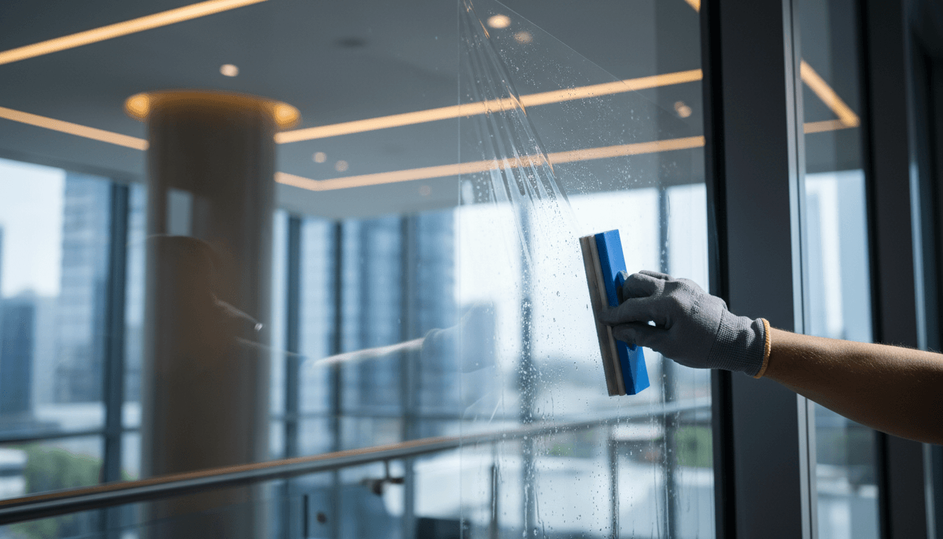 Technician applying specialty window film with precision