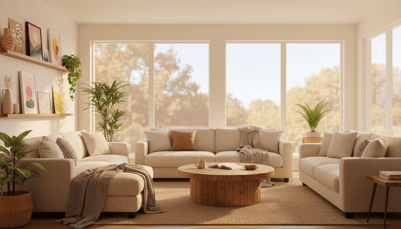 Bright residential living room with professional window tinting reducing glare and heat