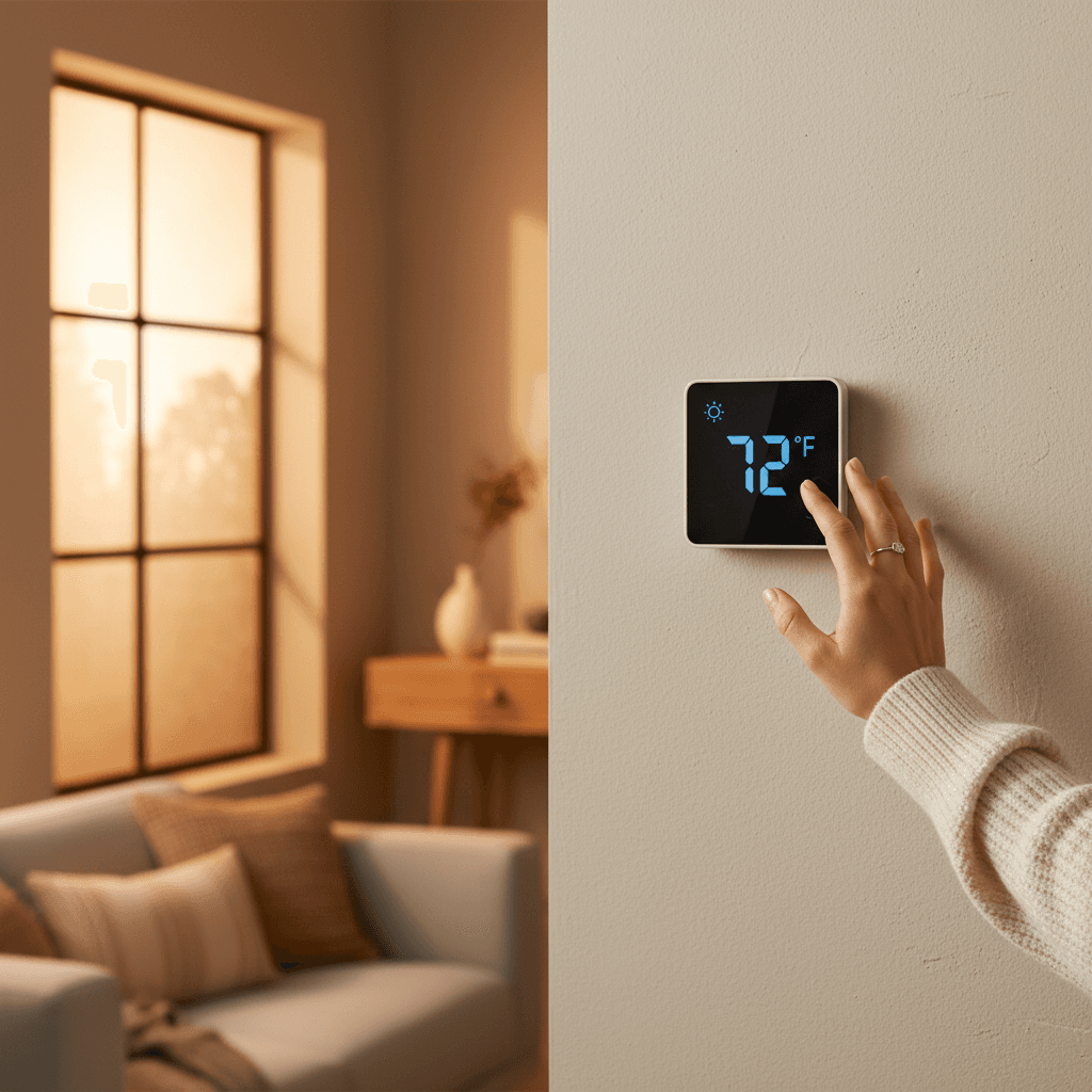 Homeowner adjusting thermostat with tinted window visible in background