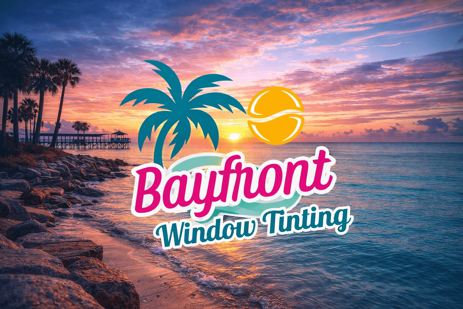 Bayfront Window Tinting logo over a scenic tropical beach sunset with palm trees and rocks.